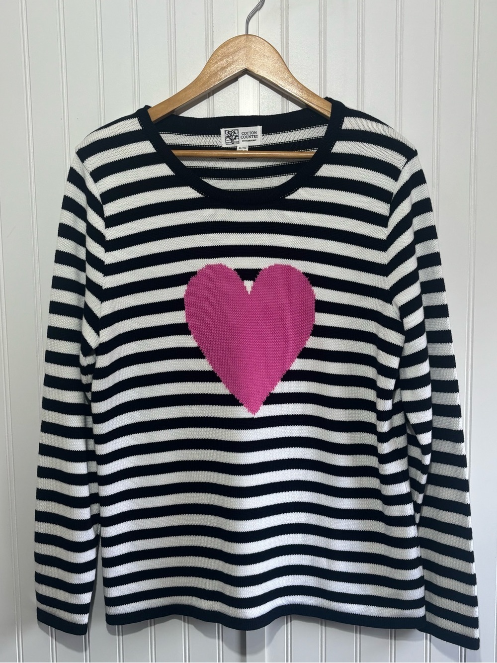 Cotton Country by Parkhurst 100% Cotton Striped Pink Heart Sweater Size XL